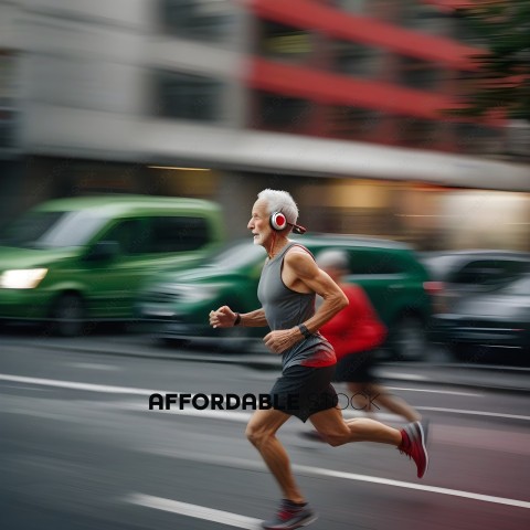 Man Running in the Street with Headphones
