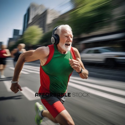 Man wearing headphones running on a street
