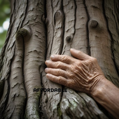 An elderly person touches a tree trunk