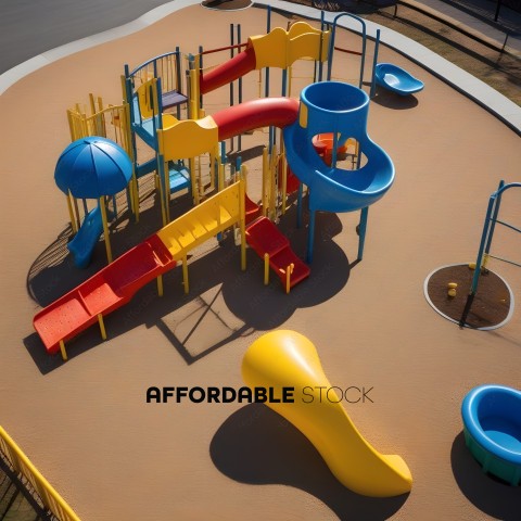 A playground with a yellow slide and a red slide