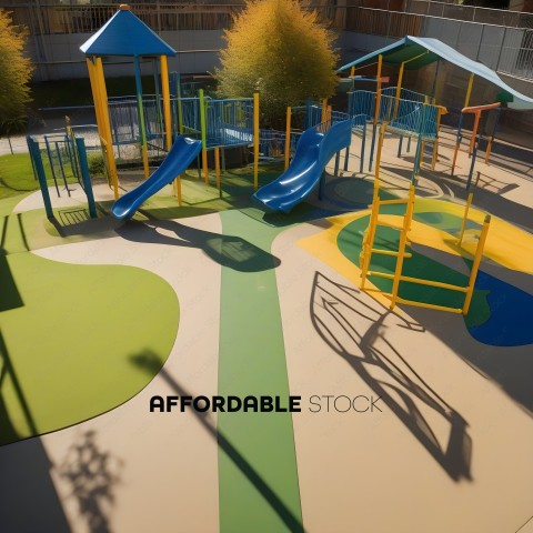 A playground with a green slide and yellow slide