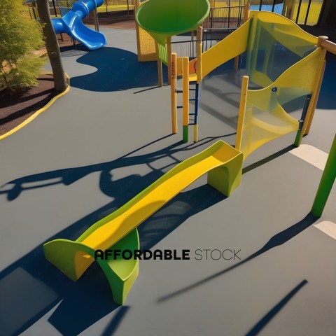 A playground with a yellow slide and a green tube