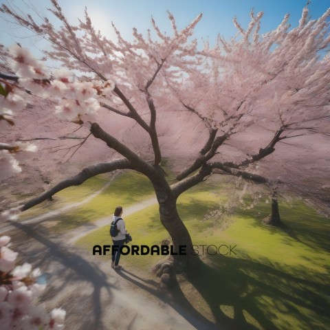 A woman standing under a blossoming tree
