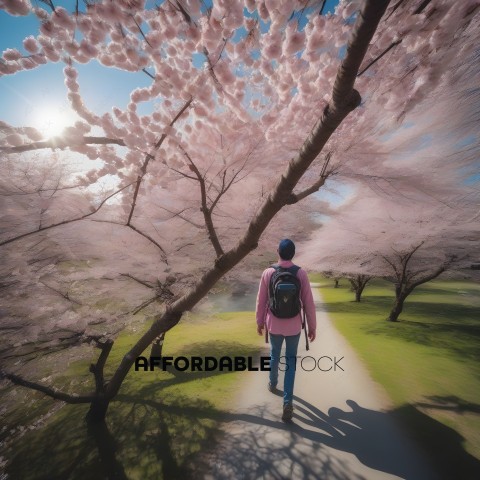 A person walking down a path with cherry blossoms