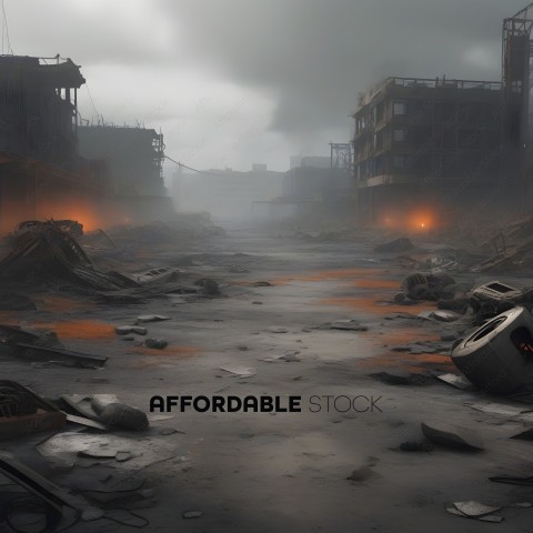 A destroyed city with rubble and debris