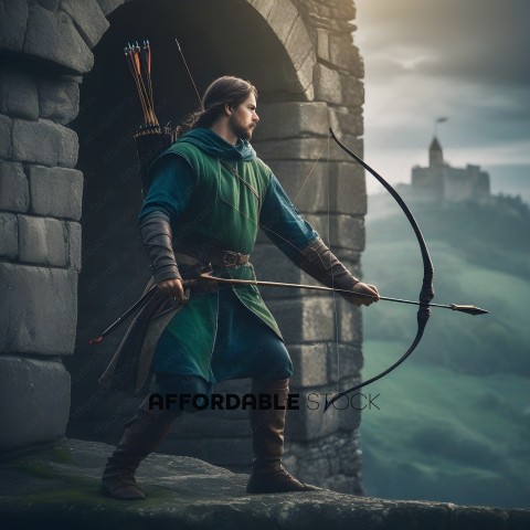 A man in a green outfit holding a bow and arrow