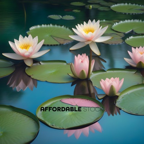 Pink flowers in a pond with green leaves