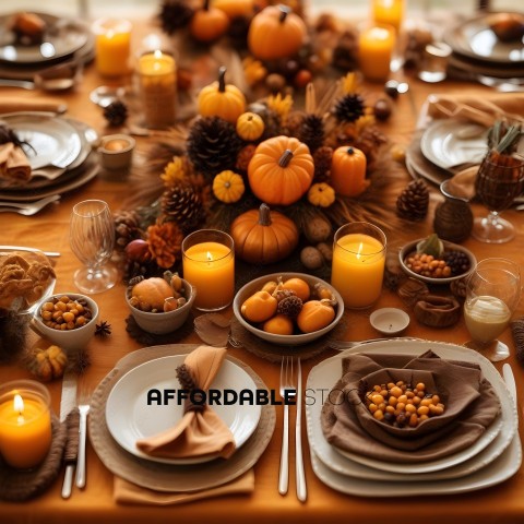 A table set for a fall feast with a centerpiece of pumpkins and gourds