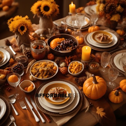A table full of food and decorations for fall