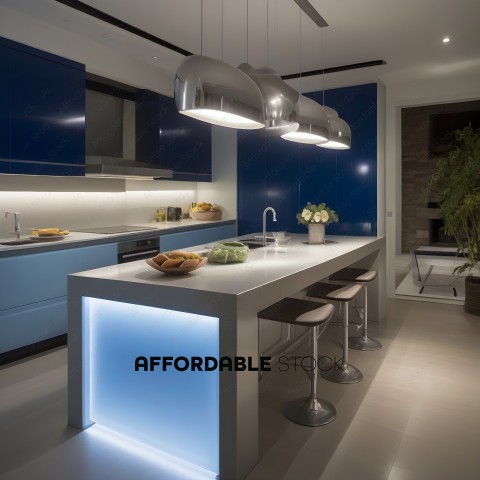 A modern kitchen with a center island and blue cabinets