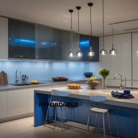 A modern kitchen with blue cabinets and stools