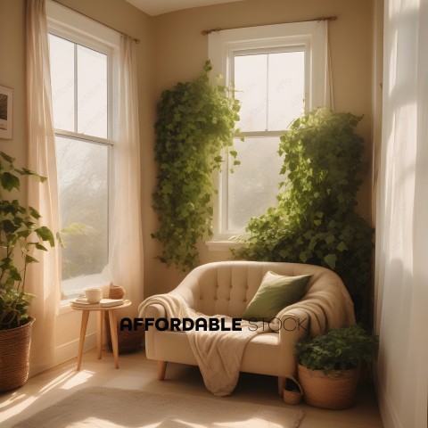 A cozy living room with a white couch and greenery