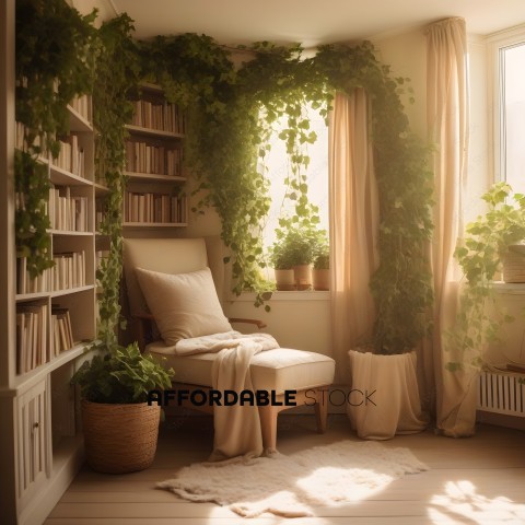 A cozy living room with a chair, plants, and a bookshelf
