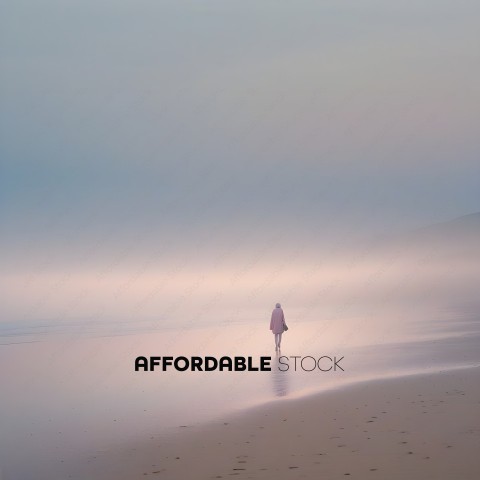 A person walking on the beach in the fog