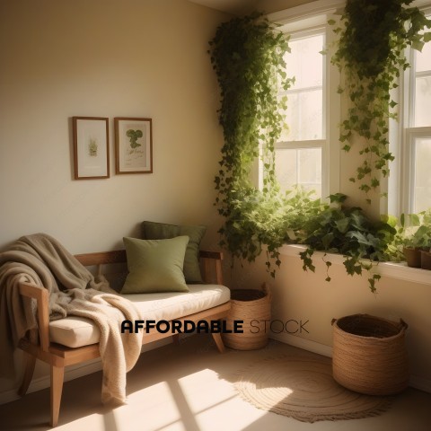 A cozy corner with a bench, pillows, and plants