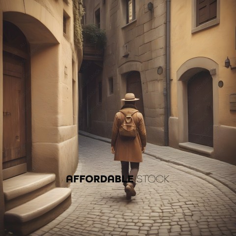 A man in a brown coat walks down a narrow alley