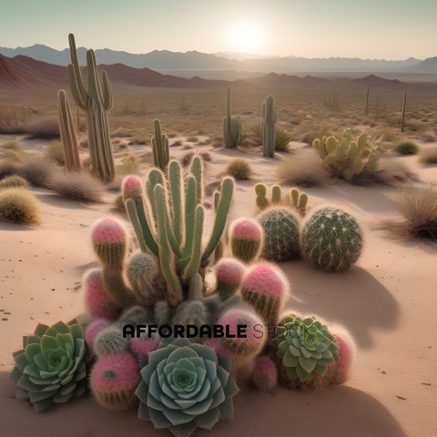 A group of cactus plants in a desert setting