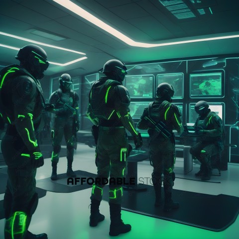 Soldiers in a room with green lights and screens