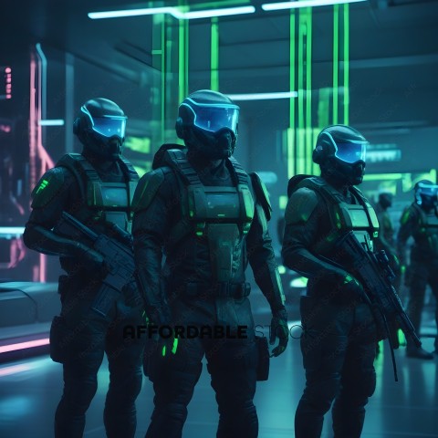 Soldiers in futuristic uniforms with glowing green accents