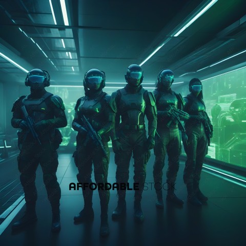Soldiers in futuristic uniforms stand at attention