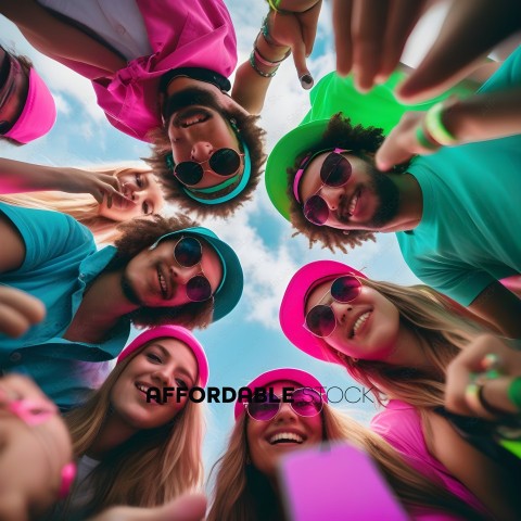 A group of people wearing pink and green hats and sunglasses