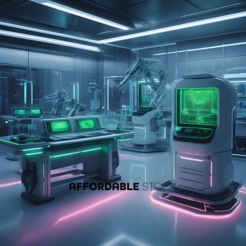 A futuristic lab with neon lights and robotic machines