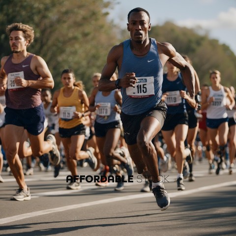 Runners in a marathon race with a man in the lead