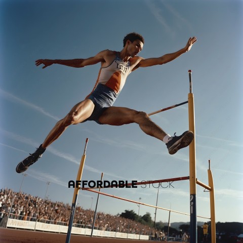 A man jumps over a hurdle in a track and field event