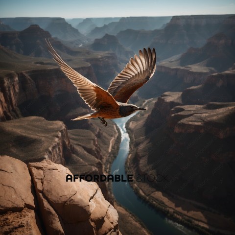 A bird flying over a river with mountains in the background
