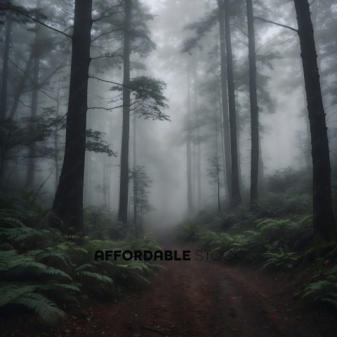 A forest pathway with fog and trees