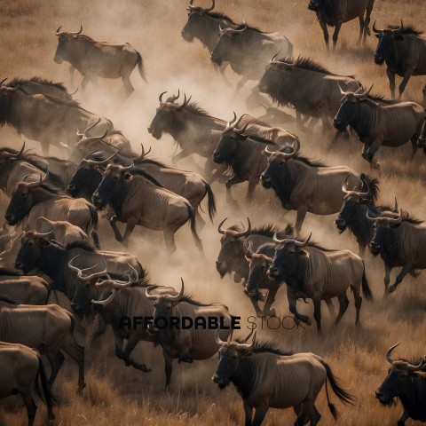Herd of Wildebeests Running in the Wild