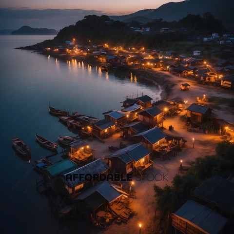 A village at night with lights on