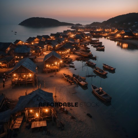A village on the beach at night