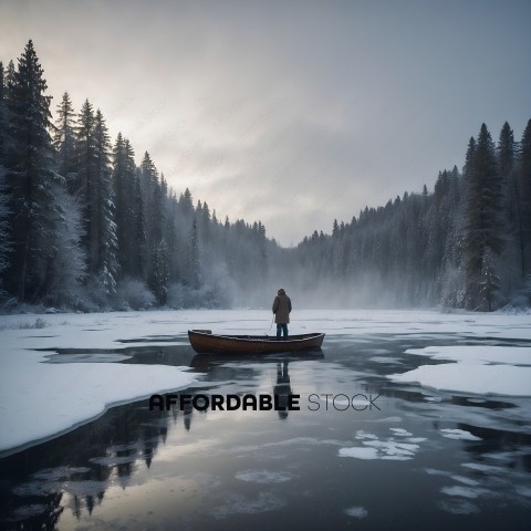 A person in a boat on a frozen lake