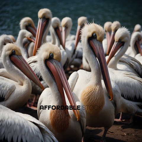 A group of pelicans standing on the beach