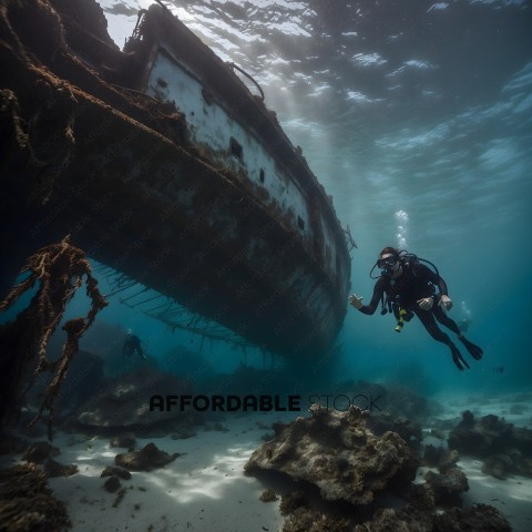 Diver exploring a sunken shipwreck