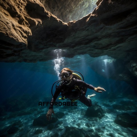 Diver in a cave with a mask on