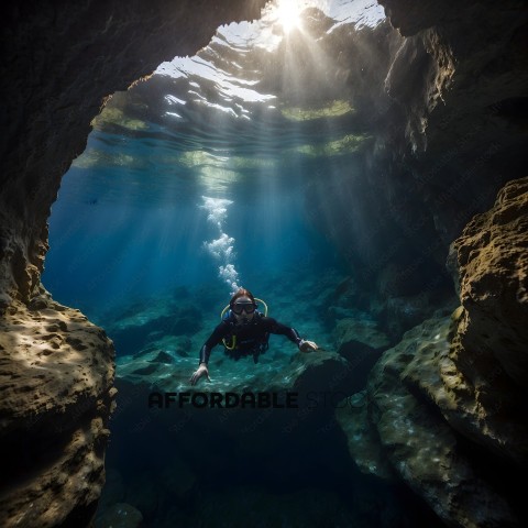 Diver in a cave with sunlight shining through