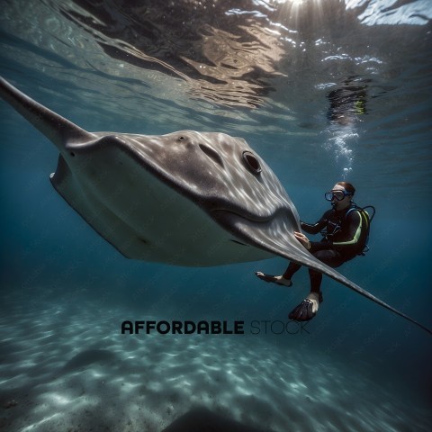Diver in a black wet suit swimming underwater with a large stingray