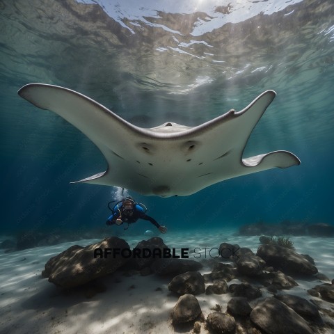 Man in a blue wetsuit swimming under a manta ray