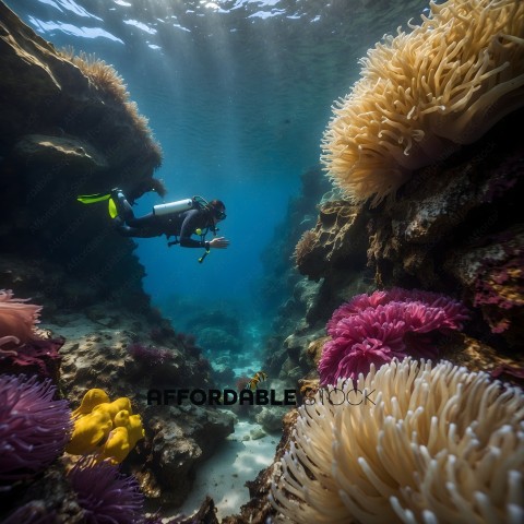 Diver in a cave with colorful sea creatures