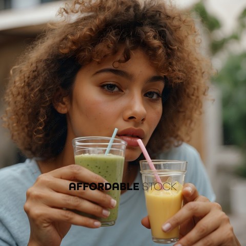 A woman with curly hair holding a glass of green smoothie and a glass of orange juice