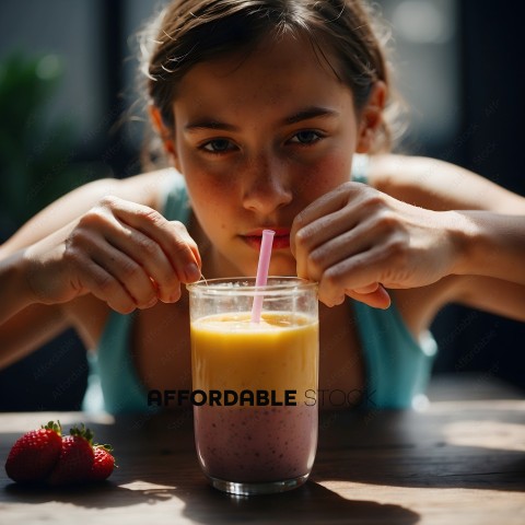 A young girl drinking a smoothie with a straw
