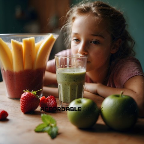 A young girl drinking a green smoothie with strawberries and apples on the table