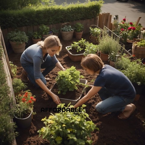 Two women planting flowers in a garden