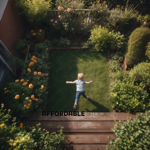 A child jumps in a garden with flowers