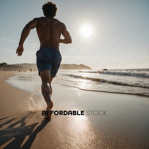 Man running on beach with sunset in background