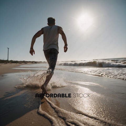 Man running on beach with sun in background
