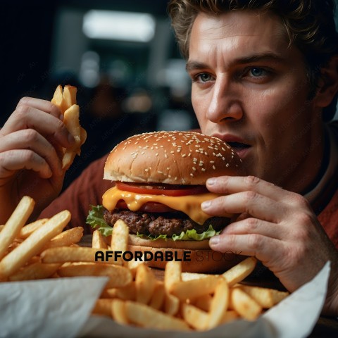Man Eating a Cheeseburger with French Fries