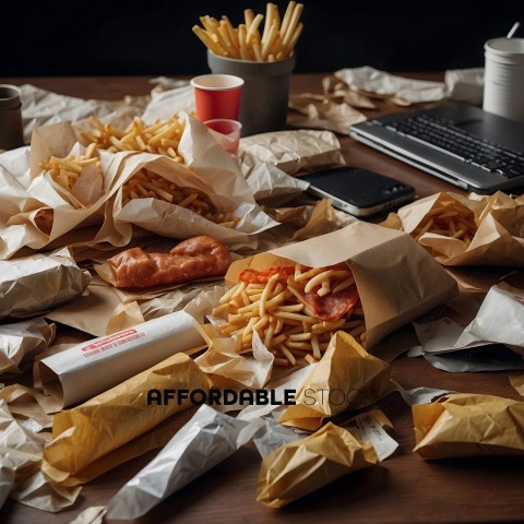 A messy table with food and a laptop